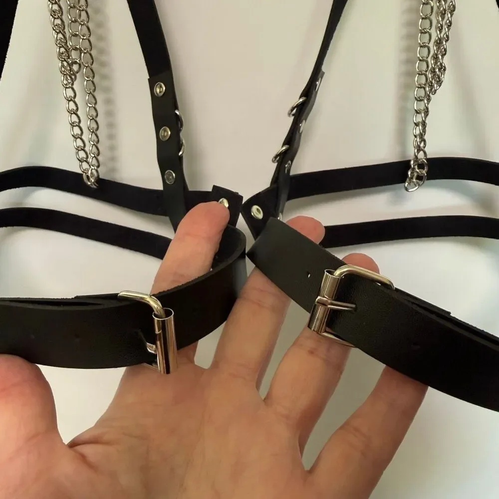 Black Faux Leather garter belt leg chain gothic fetish